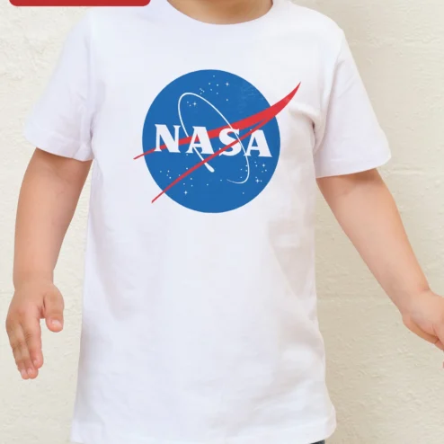 Close-up of NASA Meatball Logo Kids Tee Space Theme Cotton T-Shirt Gift for Students for streetwear fans in Chicago, Illinois