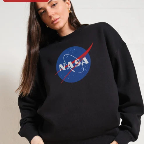 Close-up of NASA Meatball Logo Vintage Crewneck Sweatshirt for Men and Women Space Enthusiasts for streetwear fans in Chicago, Illinois