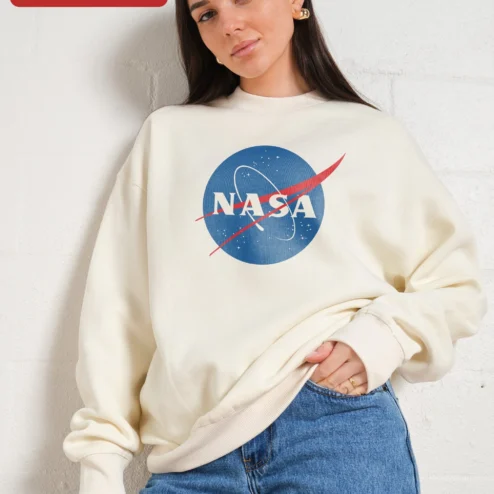 Close-up of NASA Meatball Logo Vintage Crewneck Sweatshirt for Men and Women Space Enthusiasts for streetwear fans in Chicago, Illinois