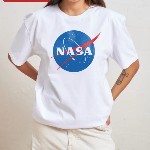 Close-up of NASA Meatball Logo Vintage Distressed Graphic Tee Space Enthusiast Gift for streetwear fans in Chicago, Illinois