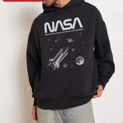 NASA National Aeronautics and Space Administration Hoodie Retro Space Shuttle Logo Sweatshirt for Me on a hanger, ready to ship from Chicago, Illinois