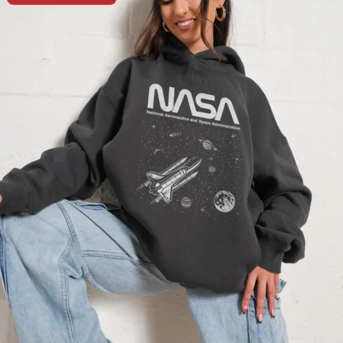 Close-up of NASA National Aeronautics and Space Administration Hoodie Retro Space Shuttle Logo Sweatshirt for Me for streetwear fans in Chicago, Illinois