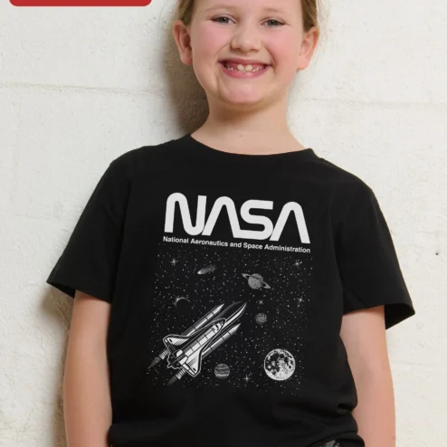 NASA National Aeronautics and Space Administration Kids Tee Space Shuttle Planets Graphic T-Shirt on a hanger, ready to ship from Chicago, Illinois
