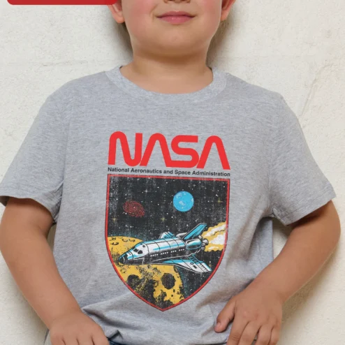 NASA National Aeronautics and Space Administration Vintage Logo Kids Tee on a hanger, ready to ship from Chicago, Illinois