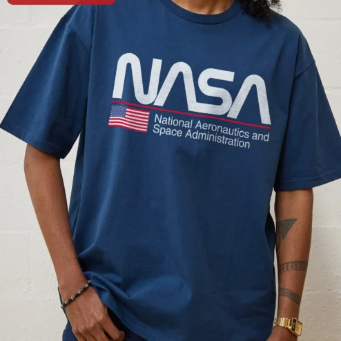 Close-up of NASA National Aeronautics and Space Administration Vintage Worm Logo Tee Retro Space Agency Apparel for streetwear fans in Chicago, Illinois