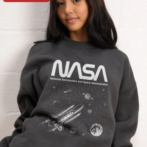 NASA National Aeronautics and Space Administration Worm Logo Sweatshirt on a hanger, ready to ship from Chicago, Illinois