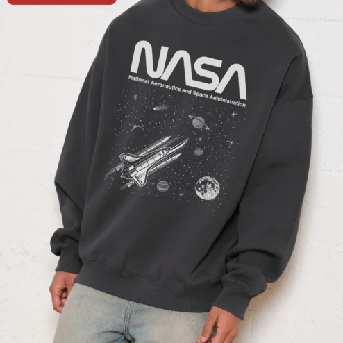 Close-up of NASA National Aeronautics and Space Administration Worm Logo Sweatshirt for streetwear fans in Chicago, Illinois
