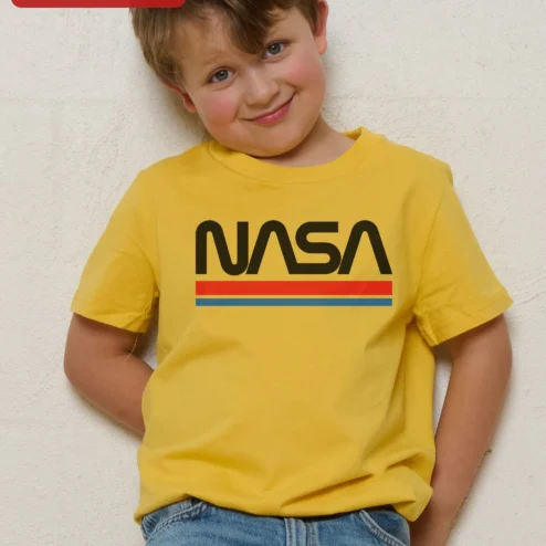 NASA Worm Logo Kids Tee Retro Space Graphic T-Shirt for Boys Girls Astronomy Science Gift on a hanger, ready to ship from Chicago, Illinois