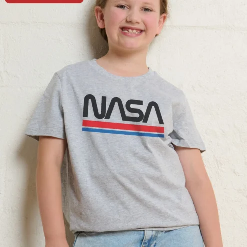 Customer in Chicago, Illinois wearing NASA Worm Logo Kids Tee Retro Space Graphic T-Shirt for Boys Girls Astronomy Science Gift