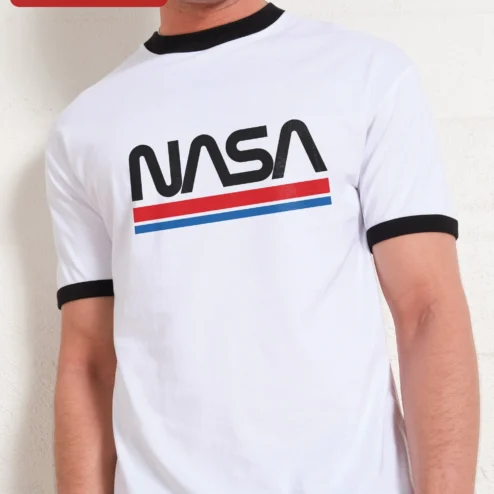 NASA Worm Logo Retro Stripes Tee Vintage Space Exploration T-Shirt for Men Women on a hanger, ready to ship from Chicago, Illinois