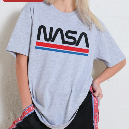 Customer in Chicago, Illinois wearing NASA Worm Logo Retro Stripes Tee Vintage Space Exploration T-Shirt for Men Women