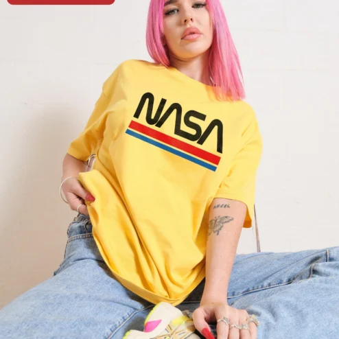 Close-up of NASA Worm Logo Retro Stripes Tee Vintage Space Exploration T-Shirt for Men Women for streetwear fans in Chicago, Illinois