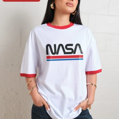 Close-up of NASA Worm Logo Vintage Graphic Tee Retro Space Apparel Gift for Men and Women for streetwear fans in Chicago, Illinois