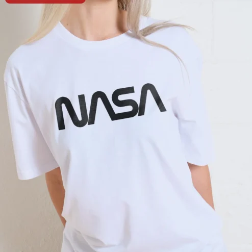 Close-up of NASA Worm Logo Vintage Tee Retro Space Graphic T-Shirt Unisex Streetwear Apparel for streetwear fans in Chicago, Illinois