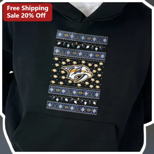 Nashville Predators Hoodie Festive Winter Nordic Knit Pattern Black Pullover Hockey Fan Gift