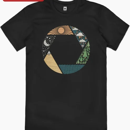 Nature Elements Four Seasons Circle Graphic Tee for Outdoor Lovers on a hanger, ready to ship from Chicago, Illinois