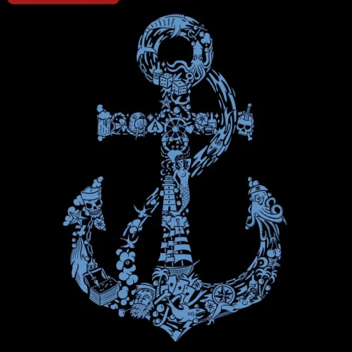 Nautical Anchor Doodle Art Tee Vintage Tattoo Style Sailor Gift for Men Women on a hanger, ready to ship from Chicago, Illinois