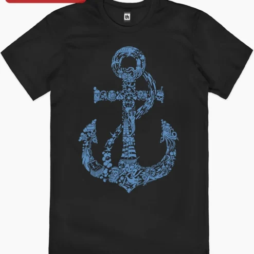 Customer in Chicago, Illinois wearing Nautical Anchor Doodle Art Tee Vintage Tattoo Style Sailor Gift for Men Women