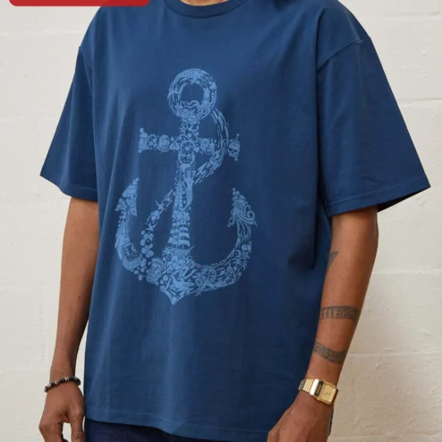 Close-up of Nautical Anchor Doodle Art Tee Vintage Tattoo Style Sailor Gift for Men Women for streetwear fans in Chicago, Illinois