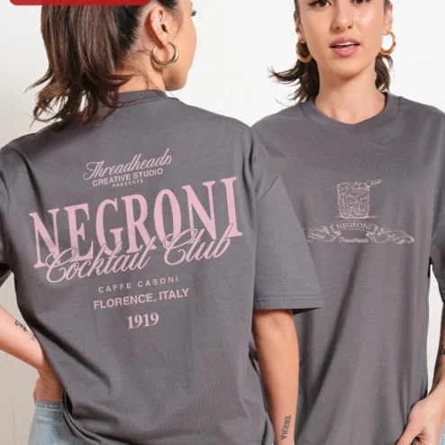 Close-up of Negroni Cocktail Club Tee Vintage Bar Sign Graphic Shirt for Bartenders Cocktail Enthusiasts for streetwear fans in Chicago, Illinois