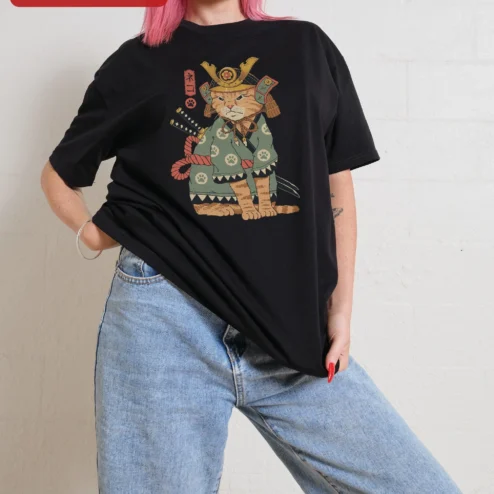 Neko Samurai Cat Graphic Tee Japanese Warrior Feline Vintage Ukiyo-e Style Gift for Cat Lovers