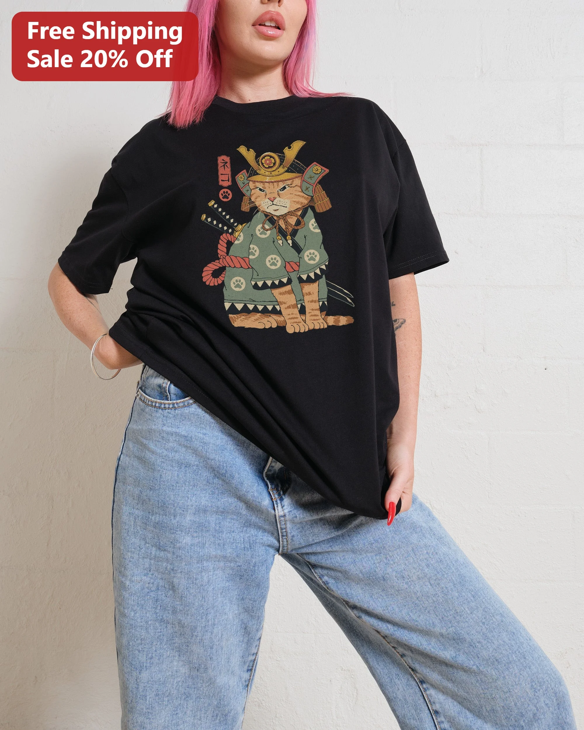 Neko Samurai Cat Graphic Tee Japanese Warrior Feline Vintage Ukiyo-e Style Gift for Cat Lovers