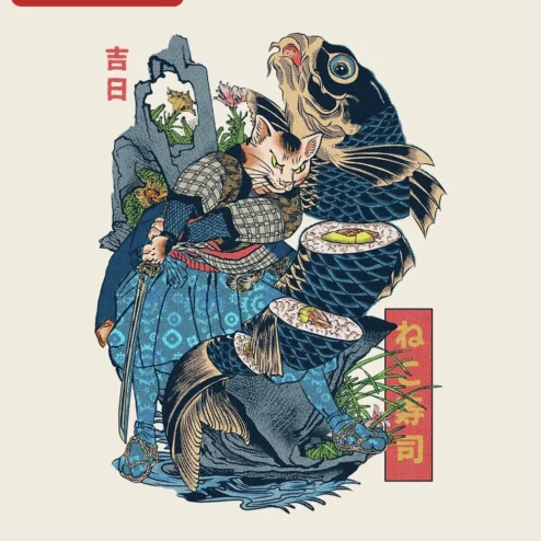 Neko Sushi Cat Samurai Ukiyo-E Graphic Tee Lucky Day Japanese Art Gift