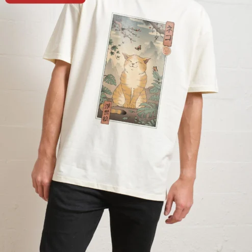 Neko Ukiyo-e Cat Graphic Tee Japanese Art Vintage Style Shirt Gift for Cat Lovers on a hanger, ready to ship from Chicago, Illinois