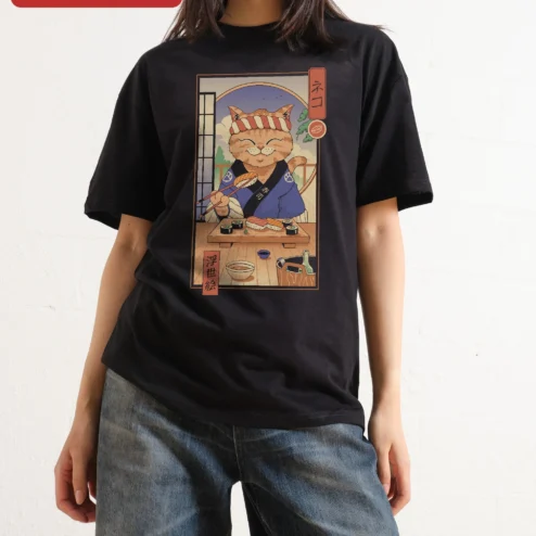 Neko Ukiyo-e Cat Sushi Art Graphic Tee Japanese Woodblock Print Shirt for Cat Lovers