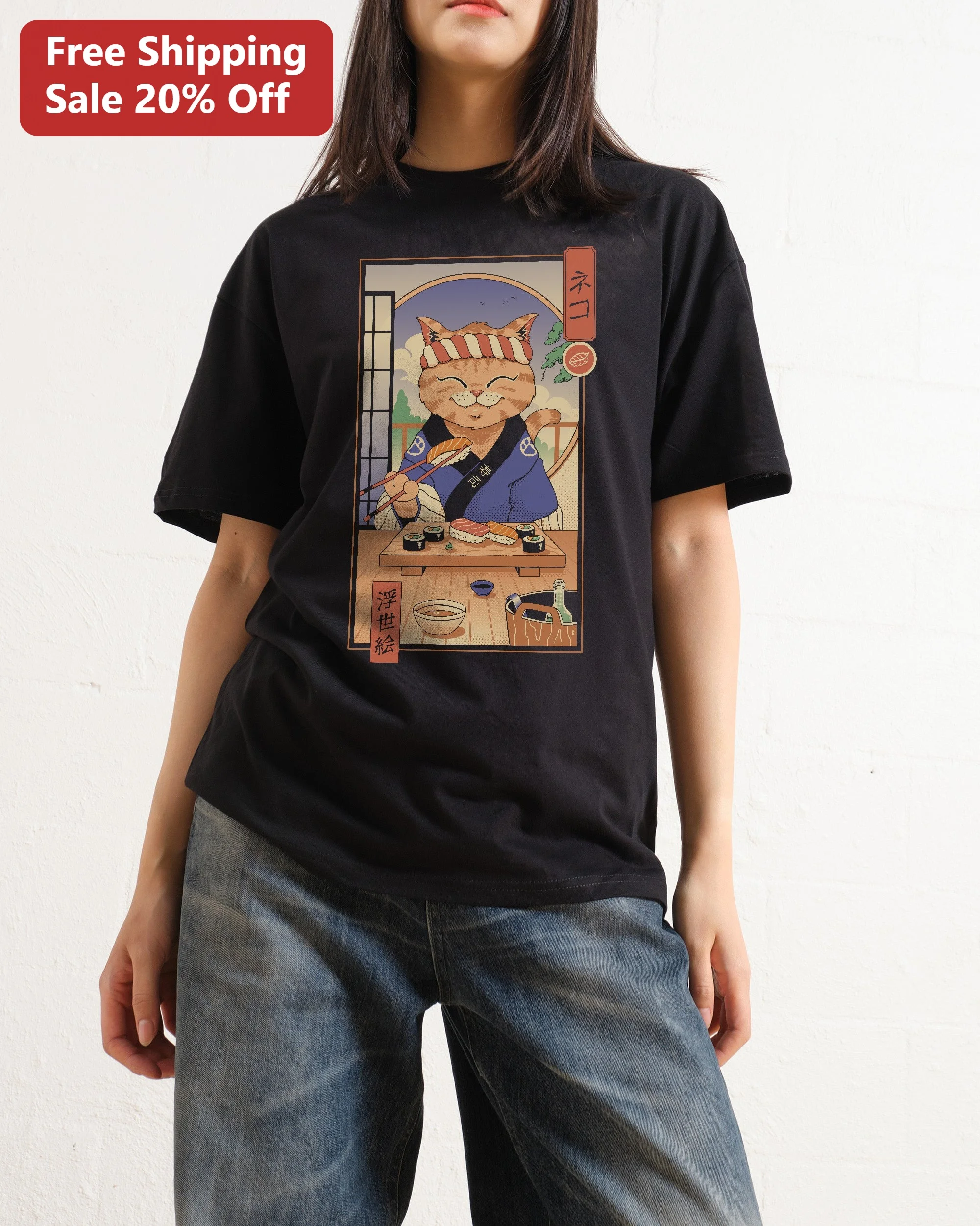 Neko Ukiyo-e Cat Sushi Art Graphic Tee Japanese Woodblock Print Shirt for Cat Lovers