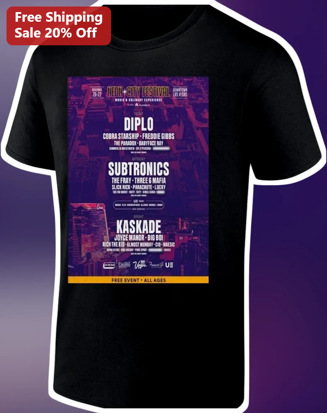 Neon City Festival Diplo Subtronics Kaskade EDM Tee Downtown Las Vegas Rave Merch