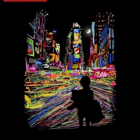 Neon City Skyline Sketch Graphic Tee Cyberpunk Urban Night Art Shirt on a hanger, ready to ship from Chicago, Illinois
