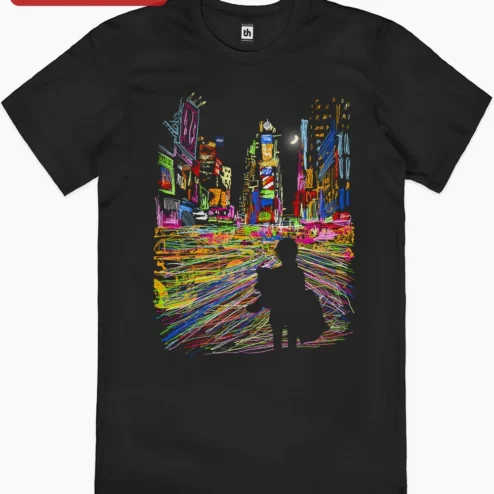 Customer in Chicago, Illinois wearing Neon City Skyline Sketch Graphic Tee Cyberpunk Urban Night Art Shirt