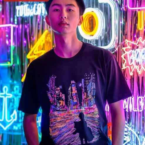 Neon City Skyline Sketch Graphic Tee Cyberpunk Urban Night Art Shirt