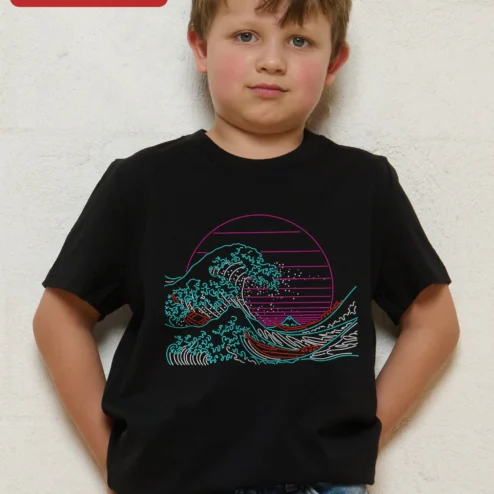 Neon Synthwave Great Wave Off Kanagawa Tee Hokusai Japanese Art Vaporwave Retro 80s Graphic Shirt on a hanger, ready to ship from Chicago, Illinois