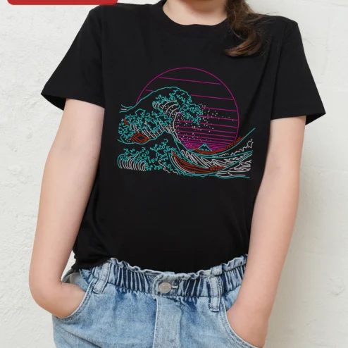 Neon Synthwave Great Wave Off Kanagawa Tee Hokusai Japanese Art Vaporwave Retro 80s Graphic Shirt