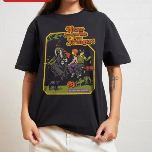 Never Accept a Ride from Strangers Safety Education Vintage Horror Witch Halloween Graphic Tee