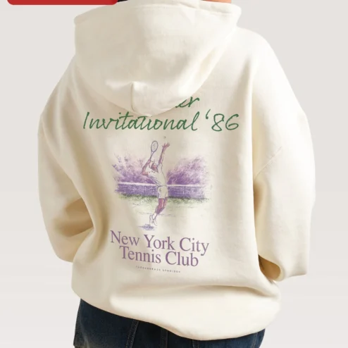 New York City Tennis Club Invitational '86 Hoodie Vintage NYC Retro Athletic Pullover on a hanger, ready to ship from Chicago, Illinois