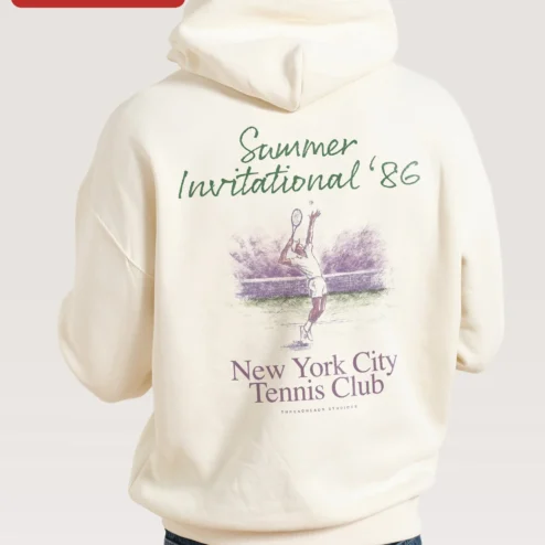 Close-up of New York City Tennis Club Invitational '86 Hoodie Vintage NYC Retro Athletic Pullover for streetwear fans in Chicago, Illinois