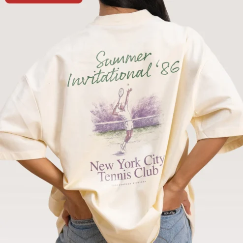 Close-up of New York City Tennis Club Invitational '86 Vintage Graphic Tee for streetwear fans in Chicago, Illinois