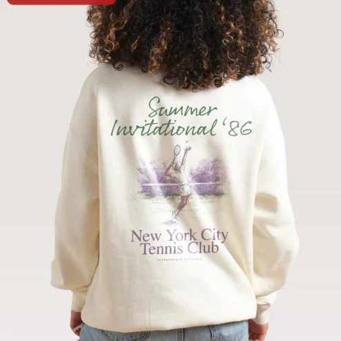 New York City Tennis Club Invitational '86 Vintage Retro Crewneck Sweatshirt on a hanger, ready to ship from Chicago, Illinois