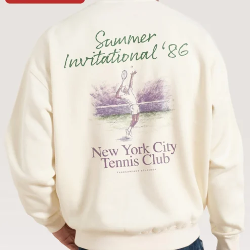 Close-up of New York City Tennis Club Invitational '86 Vintage Retro Crewneck Sweatshirt for streetwear fans in Chicago, Illinois