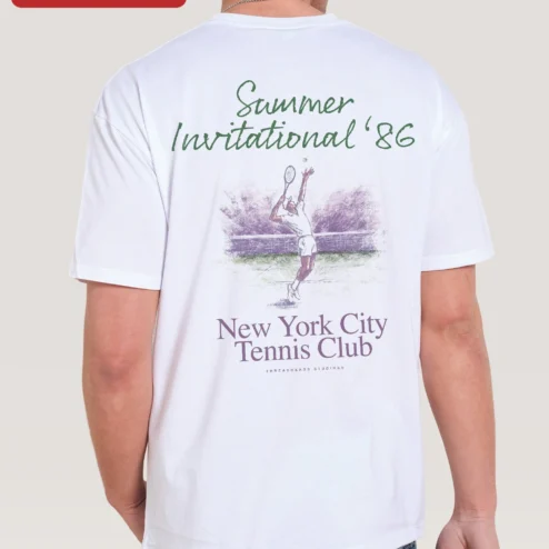 Close-up of New York City Tennis Club Invitational '86 Vintage Retro Tee for streetwear fans in Chicago, Illinois