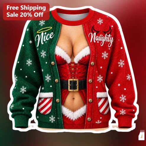 Nice Naughty Cardigan Women Holiday Party Sweater Angel Devil Optical Illusion Christmas Gift
