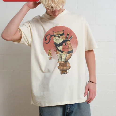 Ninja Cat Samurai T-Shirt Funny Japanese Style Tee for Men Women Halloween Gift on a hanger, ready to ship from Chicago, Illinois