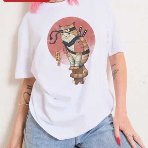 Customer in Chicago, Illinois wearing Ninja Cat Samurai T-Shirt Funny Japanese Style Tee for Men Women Halloween Gift