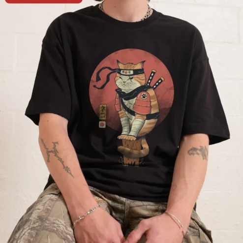 Ninja Cat Samurai T-Shirt Funny Japanese Style Tee for Men Women Halloween Gift