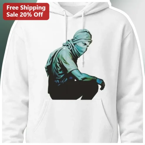 Ninja Warrior Crouching Figure Graphic Hoodie White Pullover Streetwear