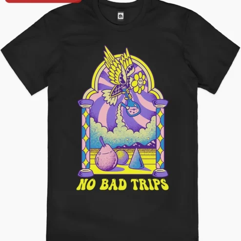 No Bad Trips Psychedelic Winged Skull Graphic Tee on a hanger, ready to ship from Chicago, Illinois