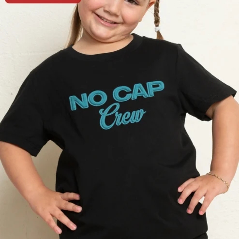 NO CAP Crew Kids Tee Black Embroidered Streetwear Shirt for Girls Gen Alpha Slang Apparel